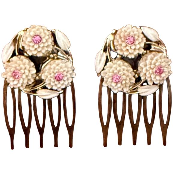 Hand Crafted Accessories - intage Floral Hair Combs White Blossom Pink Rhinestone Bridal Romantic Set